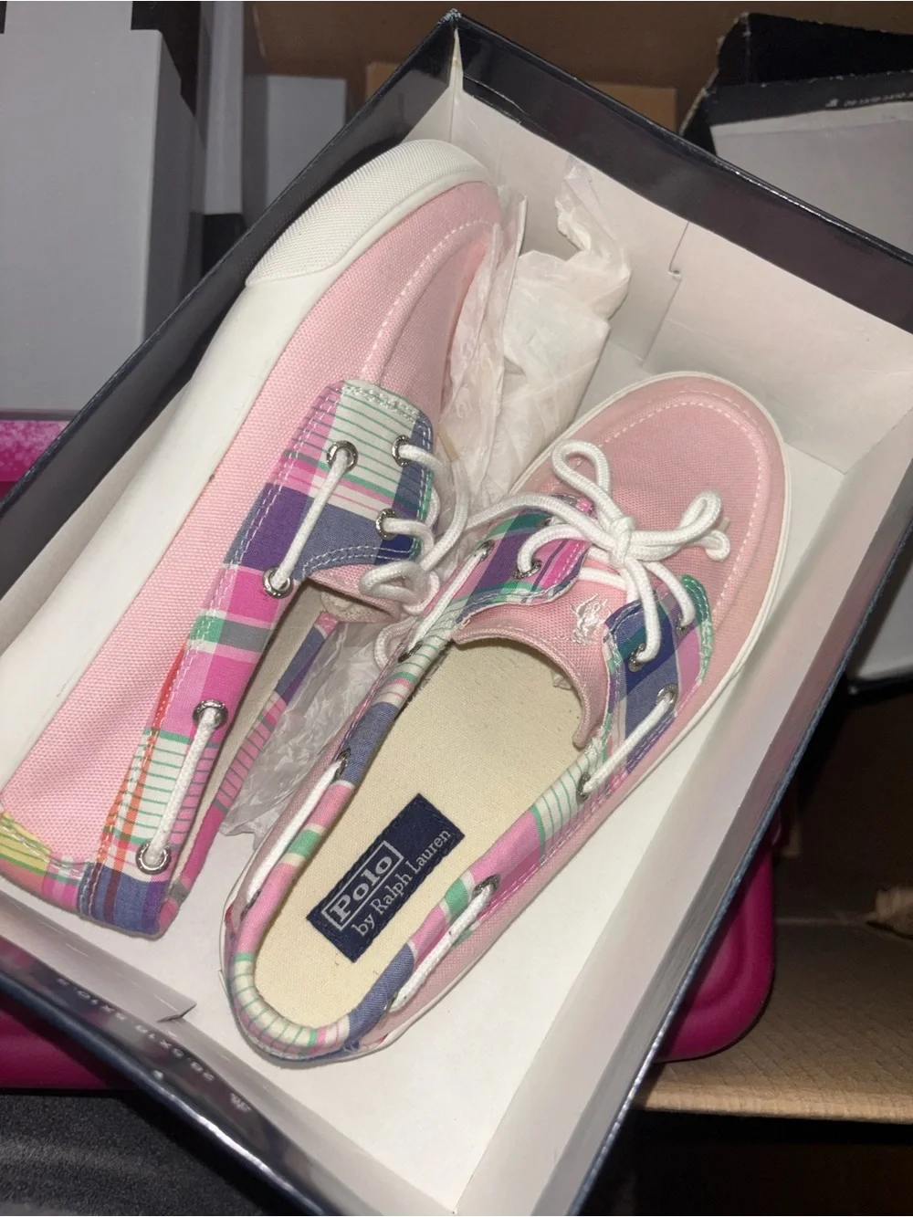 Ralph Lauren Pink Canvas Moccasins with Multicolor Plaid Trim